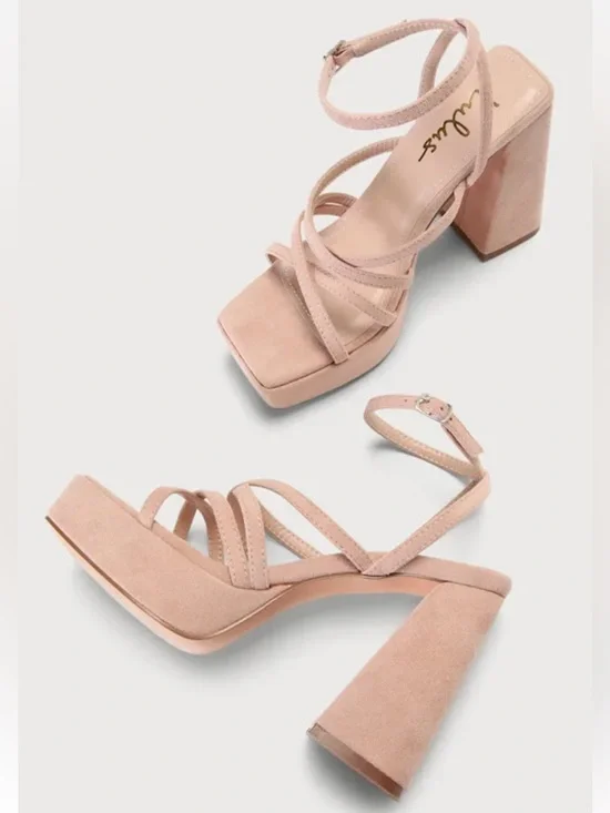 Lulus Kelsiey Light Nude Suede Platform Ankle Strap Heels Beige - Picture 3 of 11